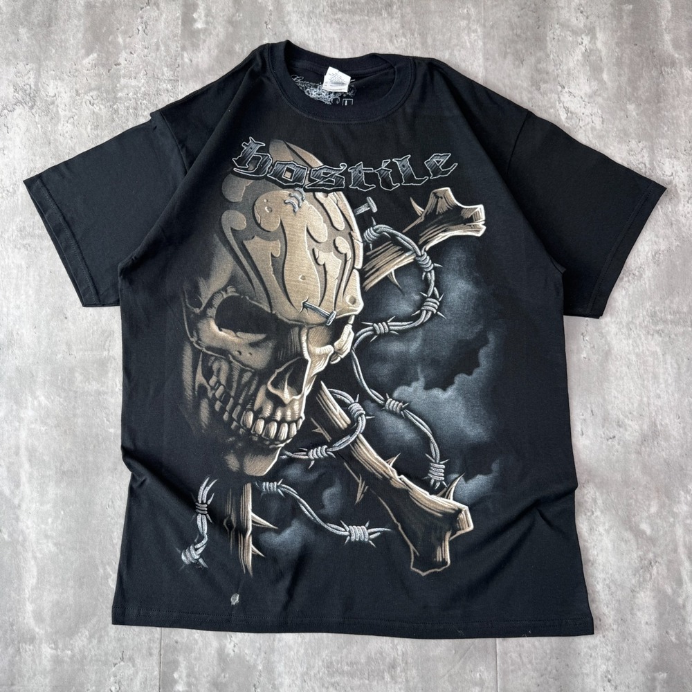 Hostile Skull Cowboy T-Shirt Mens L Black Barbed Wire Western Biker Graphic